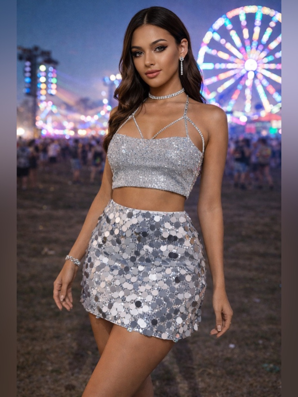 Silver Paillette Sequin Disco Mini Skirt XL Festival Rave Party Clubwear NWOT